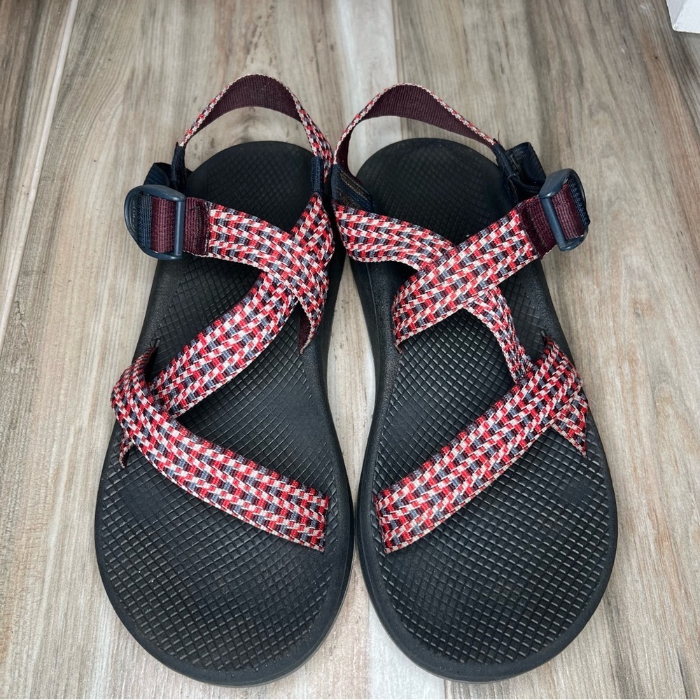 Chaco Z/Cloud Sandals Red White Blue Checkered Straps Navy Buckle Mens 12 - Picture 3 of 10